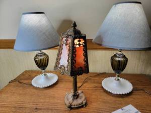 lot 269 image: 3 Stunning Vintage Lamps- MCM Milk & Green Glass and Victorian Style Stained Glass