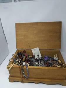 lot 168 image: Hand-Crafted Large Wooden Treasure Box Full of Jewelry 17 x 10 x 7