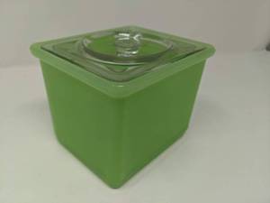 lot 187 image: Mid-Century-Modern Jadeite Refrigerator Box with Clear Glass Top-5 x 4 x 4