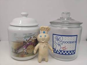 lot 189 image: Vintage 1970s-80s Pilsbury Collection- Cookie Jar, Flour Jar, and Poppin Fresh Figure