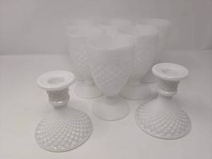 lot 200 image: Vintage Milk Glass Hobnail Glasses and Candlesticks-8 Pieces