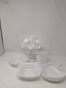 lot 245 image: Extremely Rare Fenton Hobnail Epergne 3 Vase Centerpiece & More