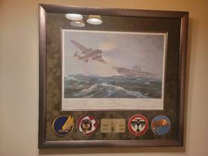 lot 120 image: Rare Framed Doolittles Tokyos Raid Commemorative Print w signatures, & Badges-34.5 x 32.5