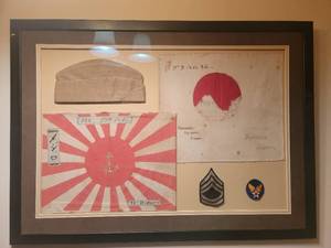 lot 121 image: Framed Authentic World War II Memorabilia- Army, Japanese Navy, & Air Force -36.5 x 26.5