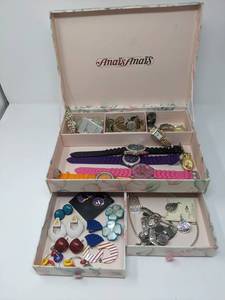 lot 154 image: Vintage Floral Jewelry Box with Jewelry, Disney, Watches & More