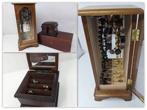 lot 164 image: 3 Beautiful Wooden Jewelry Boxes with Jewelry.