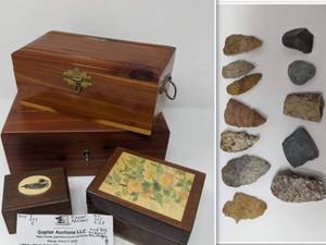 lot 156 image: 4 Beautiful Hand-Crafted Wooden Boxes and Arrowhead Collection