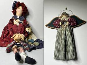 lot 223 image: Adorable Vintage Large Hand-Crafted Raggedy Andy and Bunny Dolls & Angel Wall Hanging