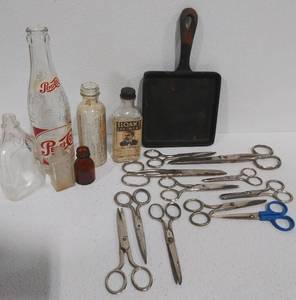 Cast Iron Griddle Pan, Scissors and Collectible Bottles