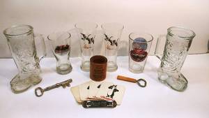 Assorted Beer Glasses, Vintage Beer Coasters, Vintage Bottle Openers, Cuss Jar