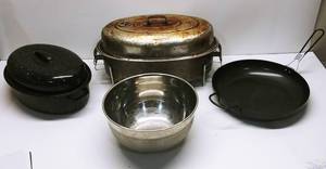 2 Roaster Pans, Hot Pan Collapsible Holder, Mixing Bowl, Coleman Camping Pan