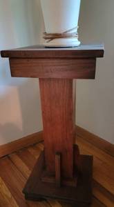Mission Style Pedestal Plant Stand with White Ceramic Vase Display