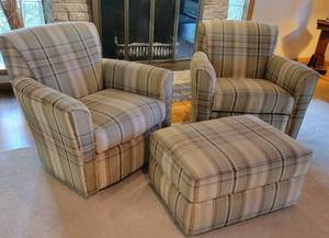 Plaid Flexsteel Swivel Club Chairs and Ottoman