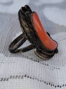 Native American Silver and Coral Ring  signed JW