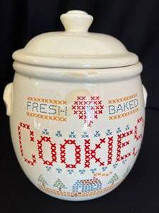 lot 16 image: Vintage Cross stitch Cookie Jar