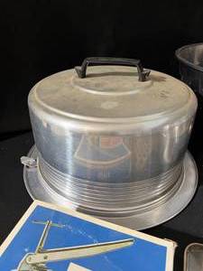 lot 46 image: Vintage Cake Holder, Baking Pans, Piping Tips, Cookie Press & More