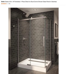 Delta Classic 36 in. W Frameless 1-Piece Direct-to-Stud Corner Shower Glass Panel in Stainless. See Pictures