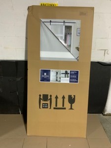 TRUporte 36 in. x 84 in. Bright White Solid Core Frosted 3 Lite Barn Door with Rustic Matte Black Hardware Kit. See Pictures