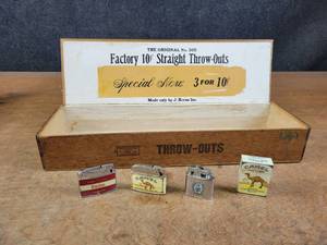 lot 1166 image: Vintage Throw-Outs Cigar Box - 3 for 10 (18 x 5.5 x 2.5) and Collection of Vintage Lighters - Winston, Camel and More