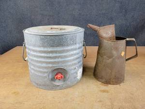lot 1173 image: Antique 1 Gallon Oil Can and Vintage Galvanized Water Jug (11 Tall x 12.5 Diameter)