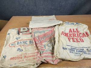 lot 1180 image: Assorted Vintage Feed Sacks - Supersweet Mapleton, MN, BP Iowa City, IA and Blue Earth Farmers Elevator Blue Earth, MN