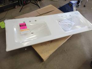 lot 1392 image: New ONYX White Lavatory DUAL Sink w Side Splash Guard - Overall 60 x 22 - NO SHIPPING