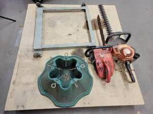 lot 1436 image: Chainsaw (Pulls Over), Hedge Trimmer (Stuck), Machine Roller Cart (24 x 22) and Tree Stand - NO SHIPPING