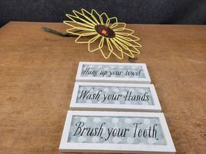 lot 1440 image: Decorative Metal Flower (18 Diameter) and Bathroom Signs (12 x 4.5 each) - NO SHIPPING