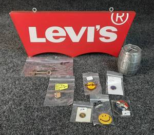 lot 1141 image: Vintage Pins, Keys, Levis Wooden Sign & Pipestone Barrel Bank