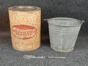 lot 1151 image: 10 lb. Empty Fisher Peanut Can, Aluminum Bucket & 2 Chevrolet Emblems