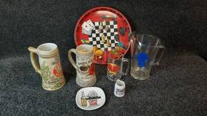 lot 1156 image: Lot of Pabst & Stroh Steins , Pabst Pitcher, Mini-Budweiser & Schmidt Mug & Chess Tray