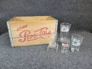lot 1132 image: Vintage Sturdy-Bilt Pepsi-Cola Wooden Box (Original) with Pepsi-Cola Branded Glassware - Check out the 10 oz. Glass