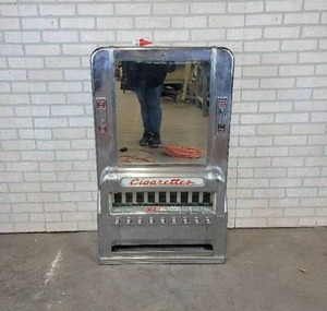lot 1004 image: National Vendors, Inc. Vintage Cigarette Coin Operated Pull Knob Machine with Key - Measures 27 W x 44 H x 12-12 D - NO SHIPPING