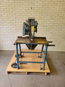 lot 1027 image: Brilliant 14 Mitering Abrasive Cutoff Saw on Stand - 5HP 1PH, Model BDM-7858G - hard to read the model number - NO SHIPPING