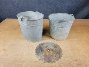 lot 1061 image: (2) Vintage Galvanized Steel Buckets and Saw Blade - Blade is about 10 Diameter - NO SHIPPING