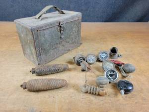lot 1068 image: Assorted Antique Tractor Gauges, Ammo Can and (2) Cast Iron Clock Weights