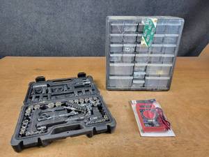 lot 1076 image: Lot of Sockets, Socket Wrench, Parts Cabinet w Contents (13 x 12 x 6) and New in Package Multi-Meter - NO SHIPPING