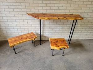 lot 1091 image: Set of (3) Locally Crafted Tables - Red Cedar Wood - Made from Bartop of Local Bar - NO SHIPPING