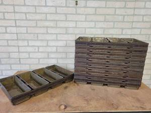 lot 1207 image: (10) Antique EKCO Strapped 4-Loaf Bread Pans - Glazed - From Veiths Bakery in St. Peter, MN - Dated 1936 - 20.5 x 14 x 3 - NO SHIPPING