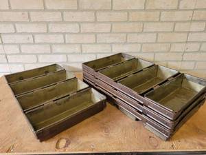 lot 1213 image: (4) Antique EKCO Strapped 4-Loaf Bread Pans - Glazed - From Veiths Bakery in St. Peter, MN - Dated 1936 - 20.5 x 14 x 3 - NO SHIPPING