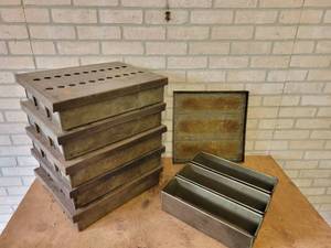 lot 1219 image: (6) Antique Strapped 3-Loaf Bread Pans w Covers - Glazed - From Veiths Bakery in St. Peter, MN - (5) Have vented Covers 17 x 14 x 4 and (1) is Solid 15 x 15 x 4 - NO SHIPPING