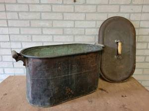 lot 1222 image: Antique Copper Boiler w Steel Cover - About 24 x 13 x 13 - From Veiths Bakery in St. Peter, MN - NO SHIPPING