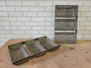 lot 1235 image: (2) Antique EKCO Strapped 3-Loaf Perforated Bread Pans - From Veiths Bakery in St. Peter, MN - Dated 1937 - 20 x 11.75 x 3.5