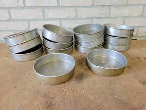 lot 1243 image: (14) Vintage 6 Aluminum Layer Cake Pans - 6 x 1.5 - From Veiths Bakery in St. Peter, MN