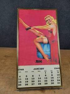 lot 1264 image: Vintage 1948 Pin Up Girl Framed Calendar - Overall 21.25 x 11.5