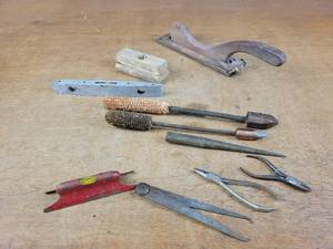 lot 1296 image: Lot of Vintage  Antique Hand Tools - Hutchins Speed File, Empire Level, Corn Cob Soldering Irons and More