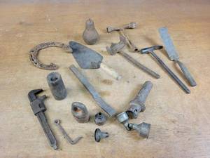 lot 1299 image: Lot of Antique Tools - Buggy Stopper, Wagen Hub Nut Wrench, Trowel w Copper Rivets and More