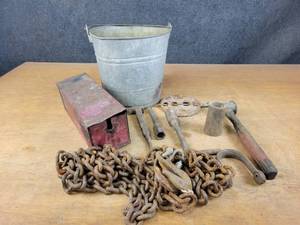 lot 1307 image: Antique Tools, Damper, 516 Log Chain, Galvanized Bucket and More