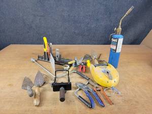 lot 1310 image: Large Lot of Assorted Hand tools - Torch, Trowels, Chalk Line, Stanley Miter Box Model HII4A and More - NO SHIPPING