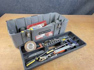 lot 1312 image: Craftsman Tool Box w Hand tools - Hammers, Square, Chalk Line, Tin Snips, Pliers and More